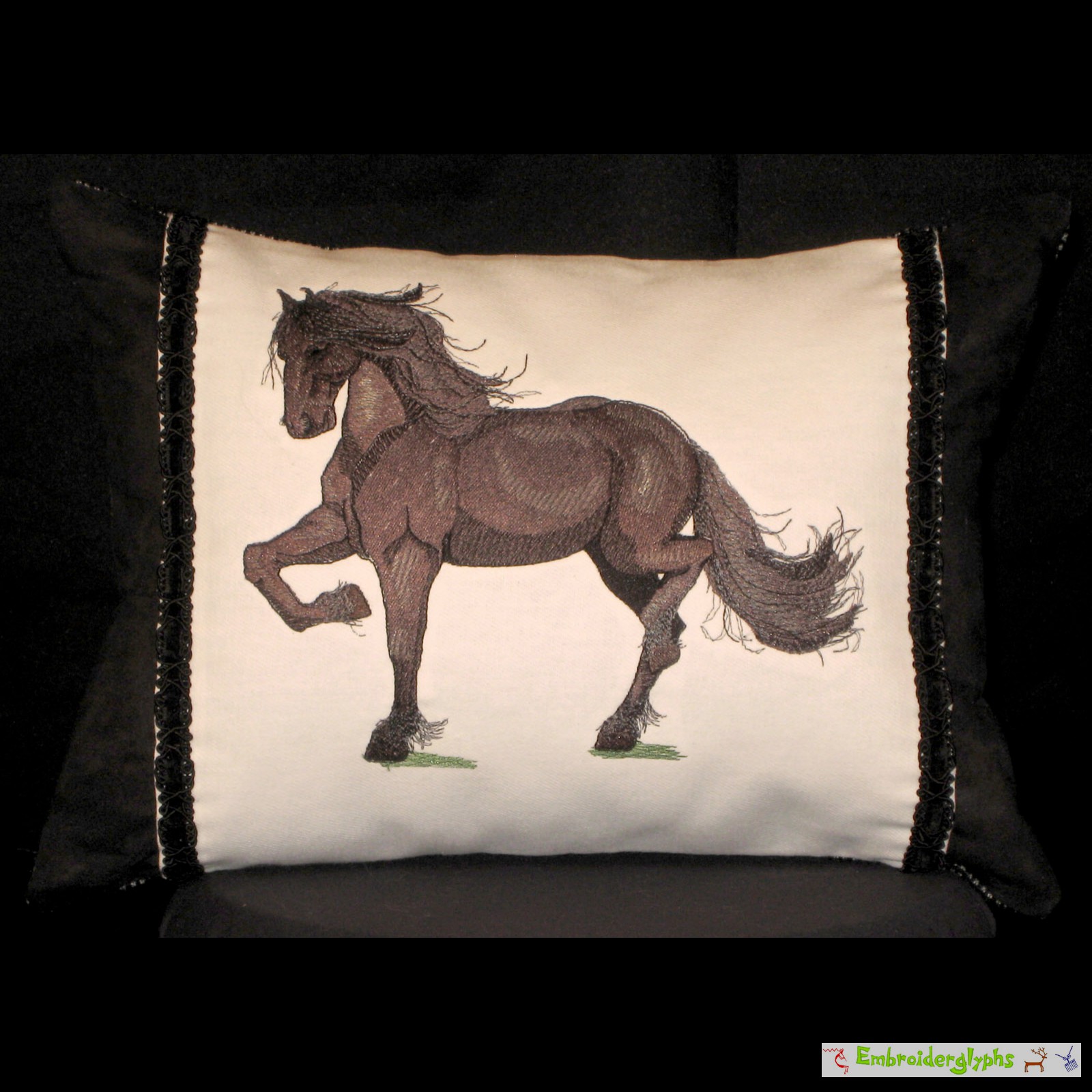 Embroidered Friesian Accemt Pillow, front of the pillow.